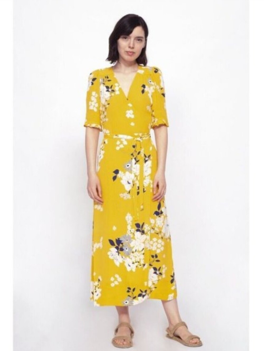 Sea New York Pia Wrap Dress Yellow Floral Midi